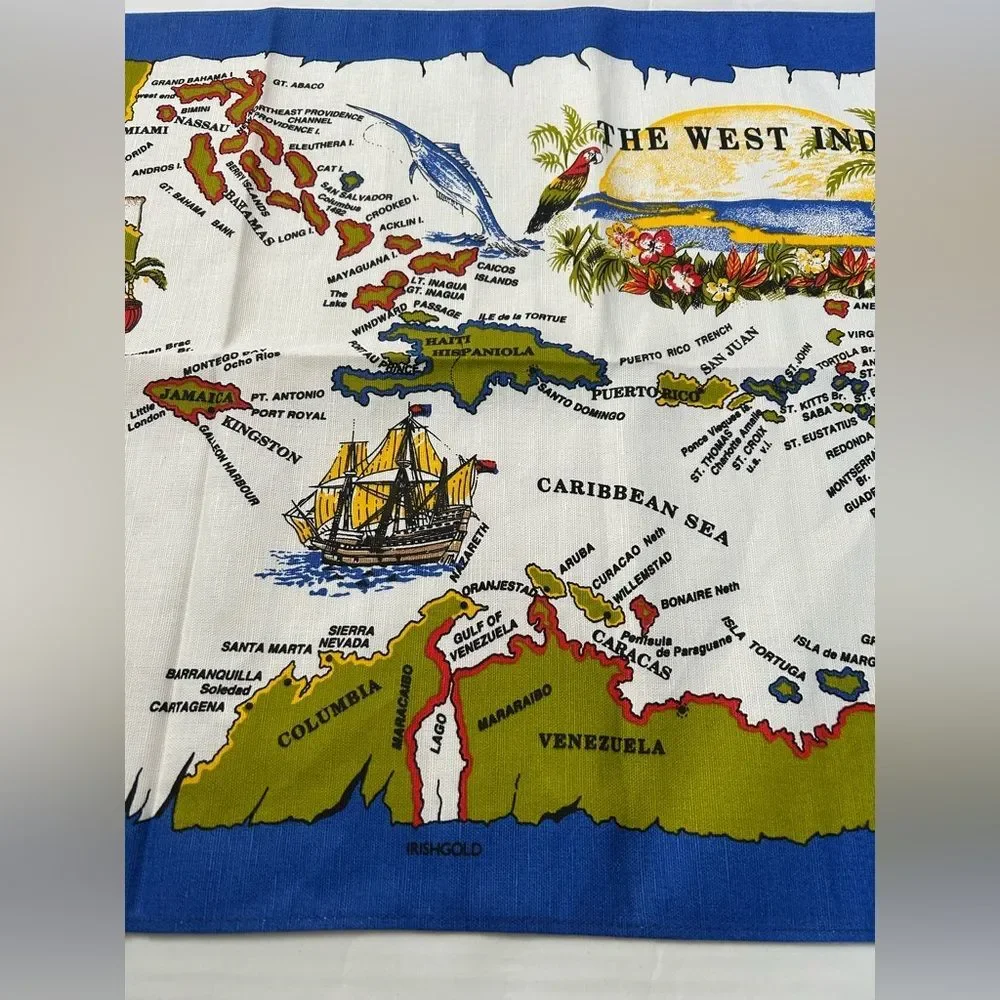 Irish Looms Linen The West Indies Map Tapestry Tea Towel - Blue and White
